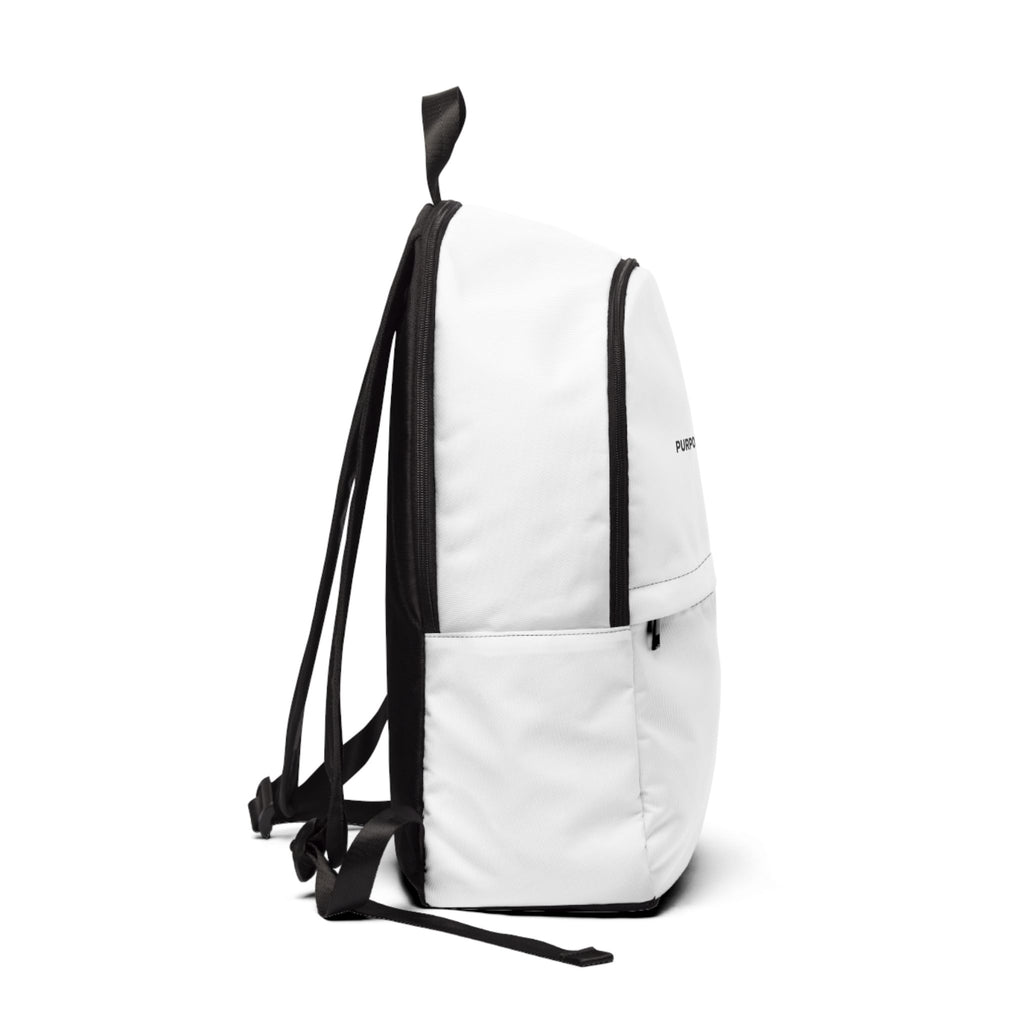 Side view of PurposeDriven™ minimalist white backpack showing slim profile and lightweight everyday design