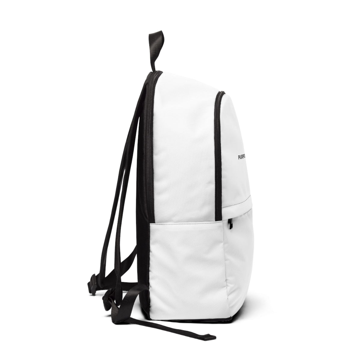 Side view of PurposeDriven™ minimalist white backpack showing slim profile and lightweight everyday design