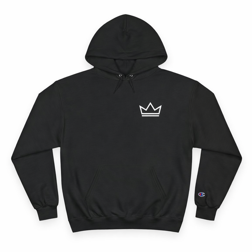 Black heavyweight pullover hoodie with white crown logo