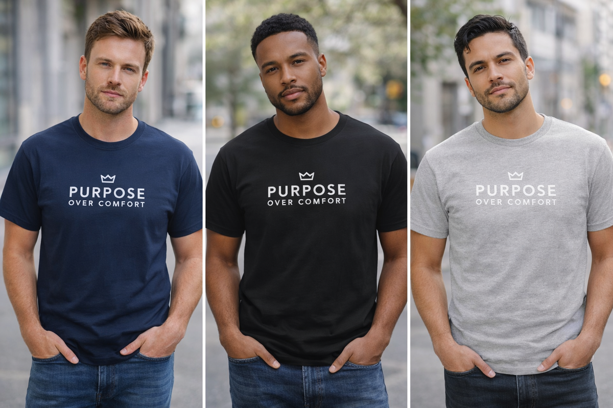 Three male models wearing Purpose Over Comfort t-shirts in navy, black, and gray, minimalist motivational streetwear in urban setting