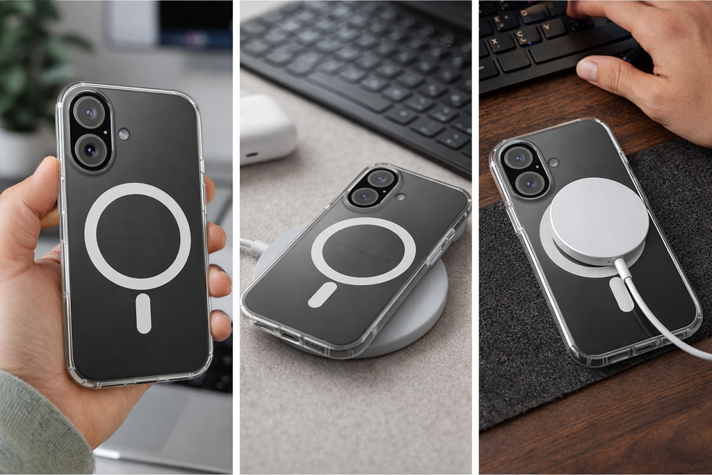 PurposeDriven™ motivational phone case featuring MagSafe compatible ring on sleek black smartphone
