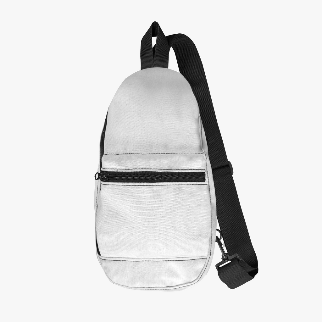 PurposeDriven™ minimalist white sling backpack shown in front and side view with adjustable black strap on white background
