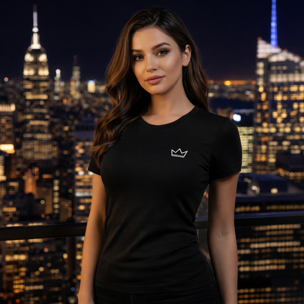 Black women’s crown logo t-shirt worn by a female model at night with a city skyline backdrop, showcasing a fitted high-quality cotton tee with a minimalist white crown emblem.