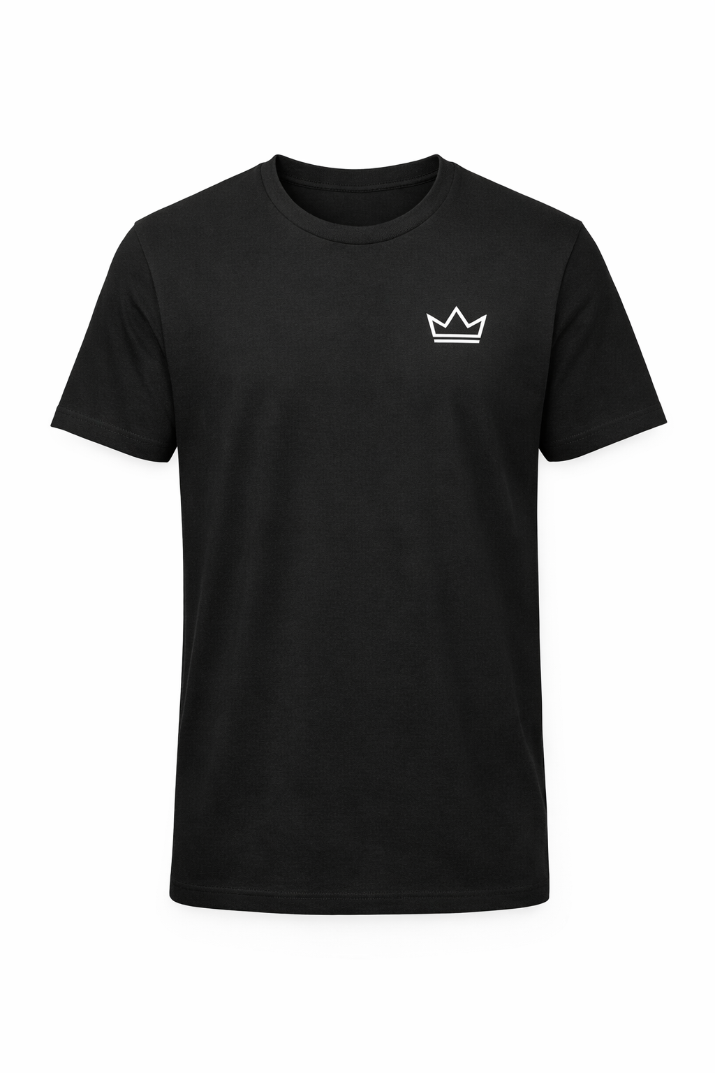 Men’s black classic-fit t-shirt on ghost mannequin with small white crown logo, premium everyday streetwear tee by PurposeDriven
