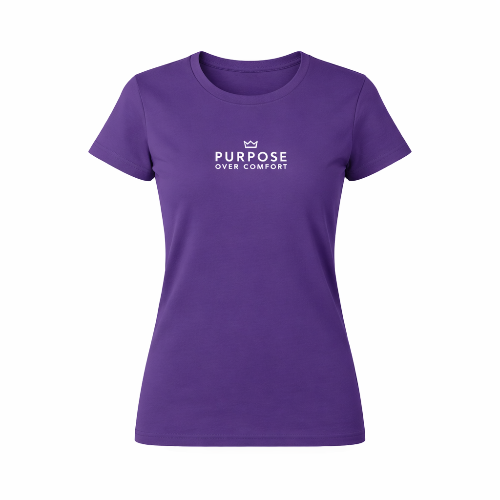 Women’s purple Purpose Over Comfort graphic t-shirt with crown logo, premium garment-dyed cotton motivational streetwear tee