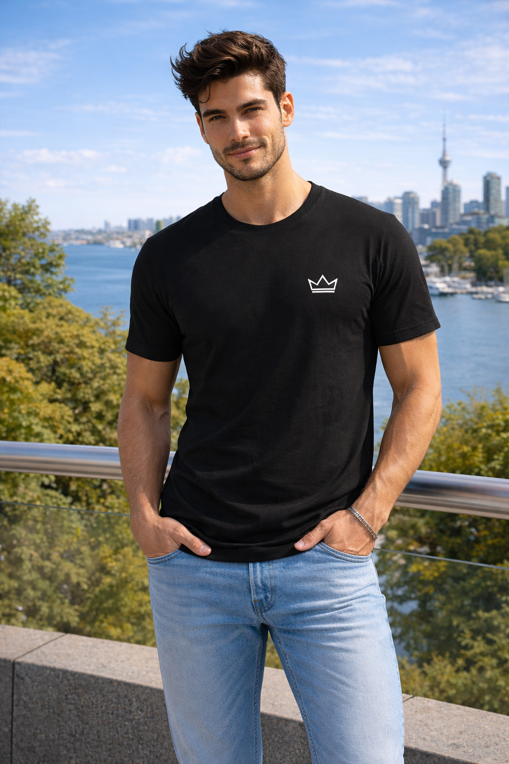 Centered male model wearing a black minimalist t-shirt with a small white crown logo on the chest, standing confidently by a sunny waterfront with a city and harbor skyline in the background.