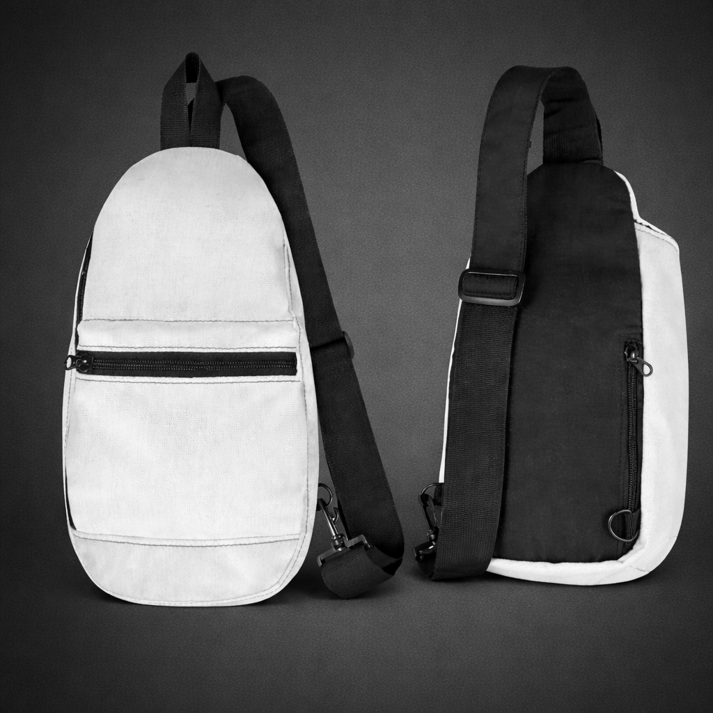 PurposeDriven™ minimalist white sling backpack shown from front and side against dark background highlighting everyday carry design
