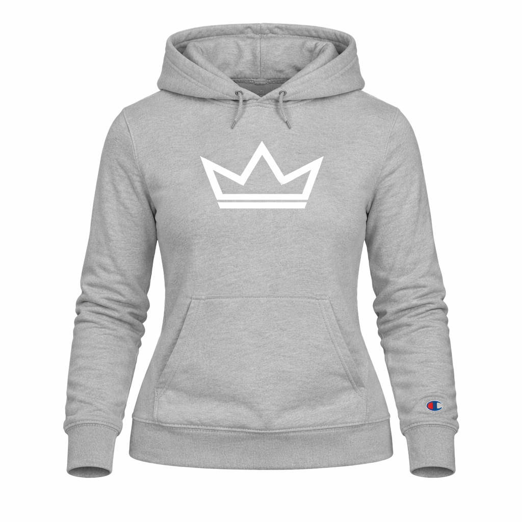 Women’s grey Champion heavyweight hoodie with Signature Crown design — PurposeDriven