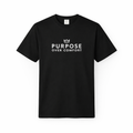 Men’s black PurposeDriven t-shirt with crown logo and ‘Purpose Over Comfort’ text, front view on ghost mannequin.