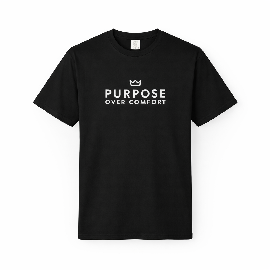 Men’s black PurposeDriven t-shirt with crown logo and ‘Purpose Over Comfort’ text, front view on ghost mannequin.