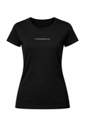 Women’s black PurposeDriven minimalist logo t-shirt on ghost mannequin, fitted short sleeve crewneck with centered white text logo on clean white background.