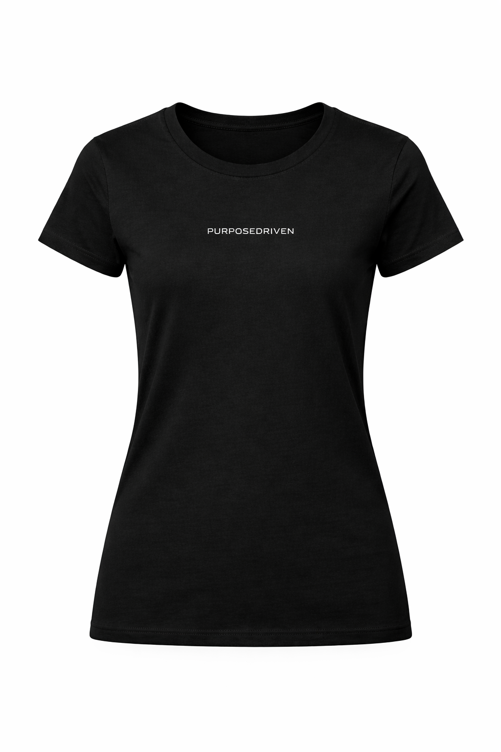 Women’s black PurposeDriven minimalist logo t-shirt on ghost mannequin, fitted short sleeve crewneck with centered white text logo on clean white background.