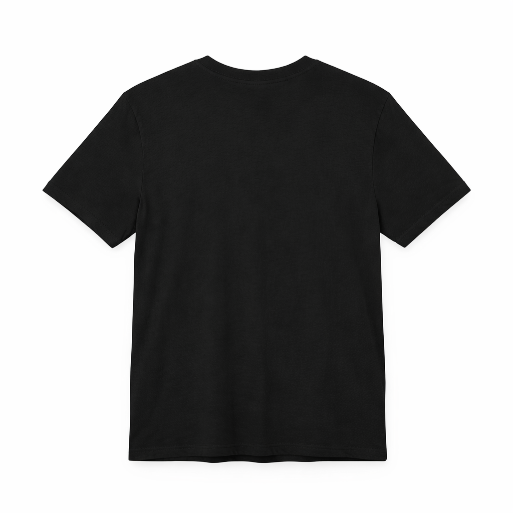 Back view of a black minimalist short-sleeve t-shirt with a clean crew neck design, shown on a plain white background.