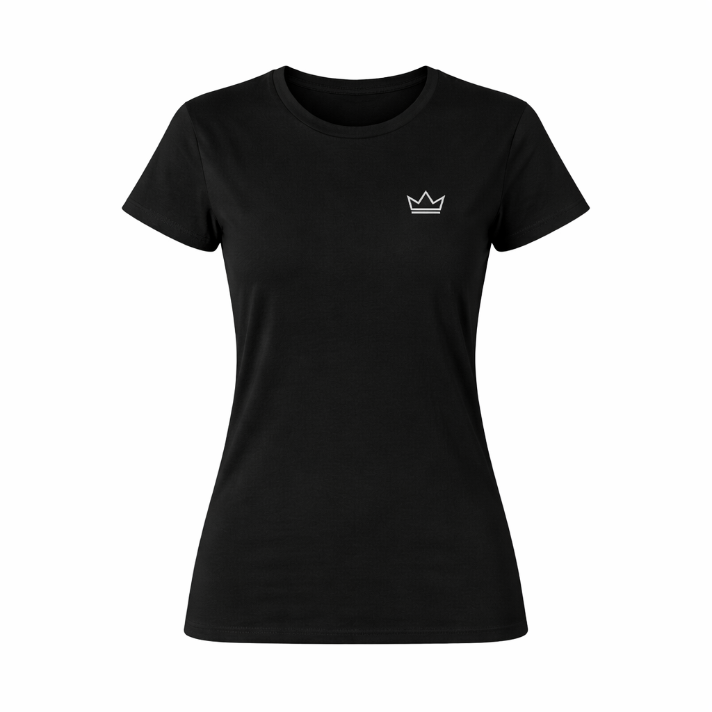 Women’s black classic-fit t-shirt on ghost mannequin with small white crown logo, premium everyday streetwear tee by PurposeDriven