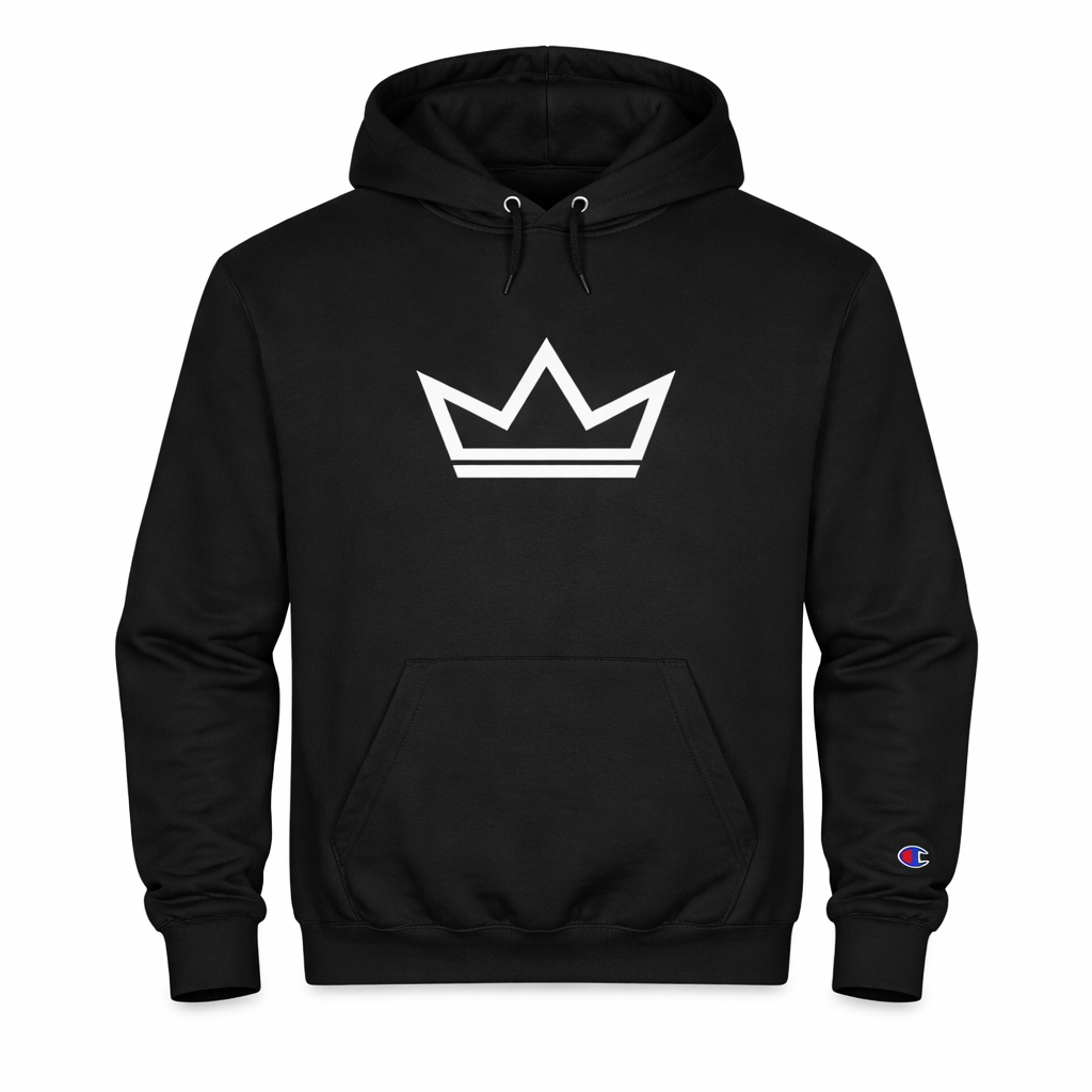 Men’s black Champion heavyweight hoodie with Classic Crown design — PurposeDriven
