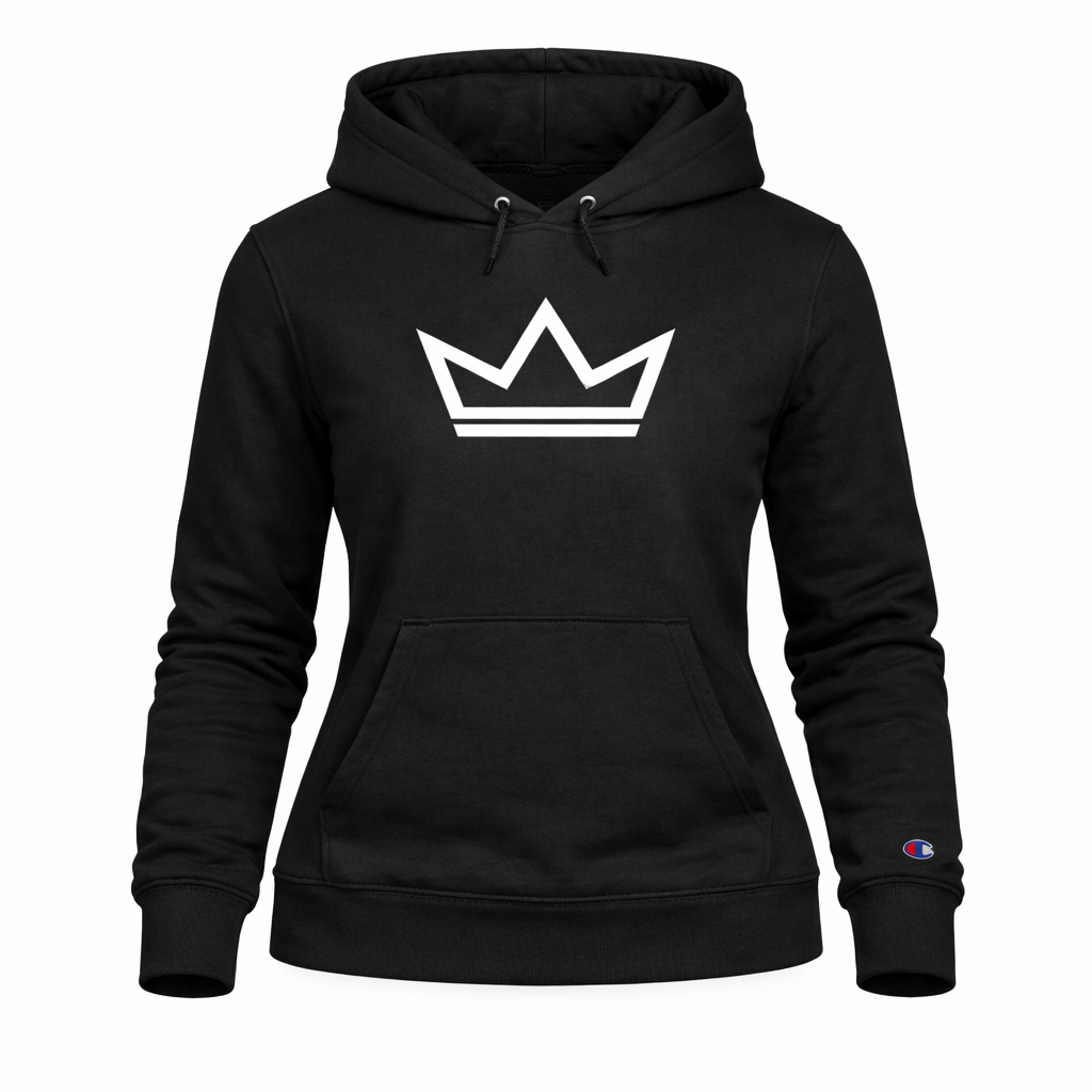 Women’s black Champion heavyweight hoodie with Signature Crown design — PurposeDriven