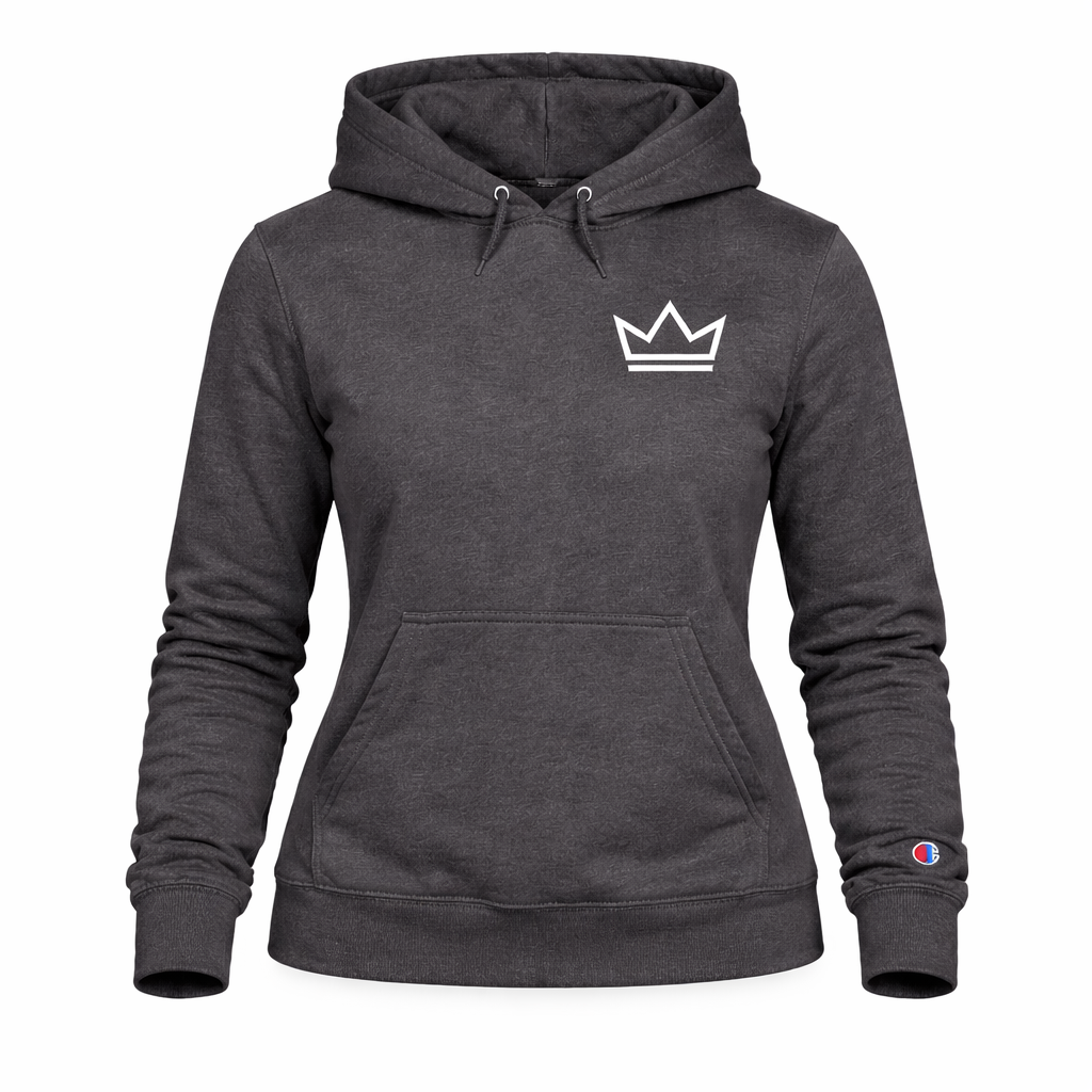 Women’s charcoal grey Champion hoodie featuring a minimalist white crown logo, premium heavyweight pullover streetwear by PurposeDriven