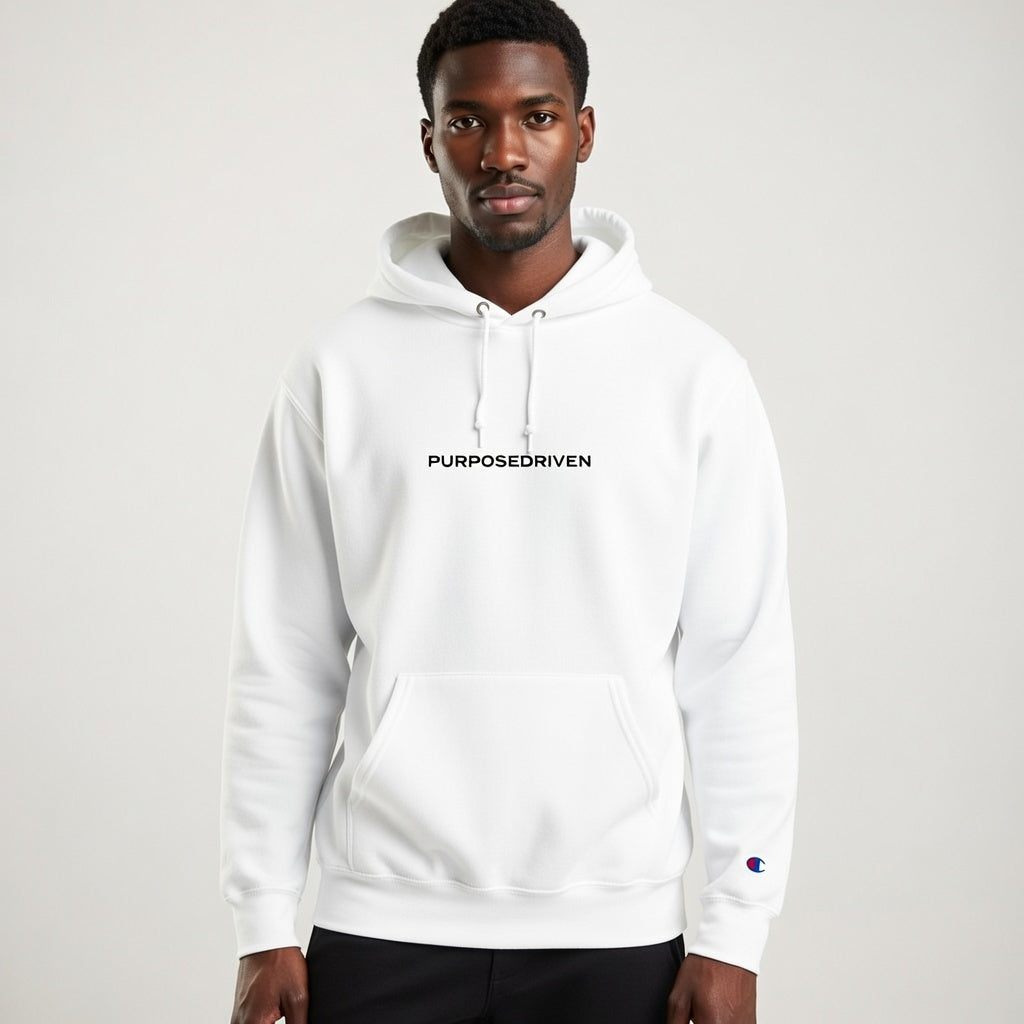 Male model wearing white PurposeDriven minimalist hoodie, premium motivational streetwear on neutral background